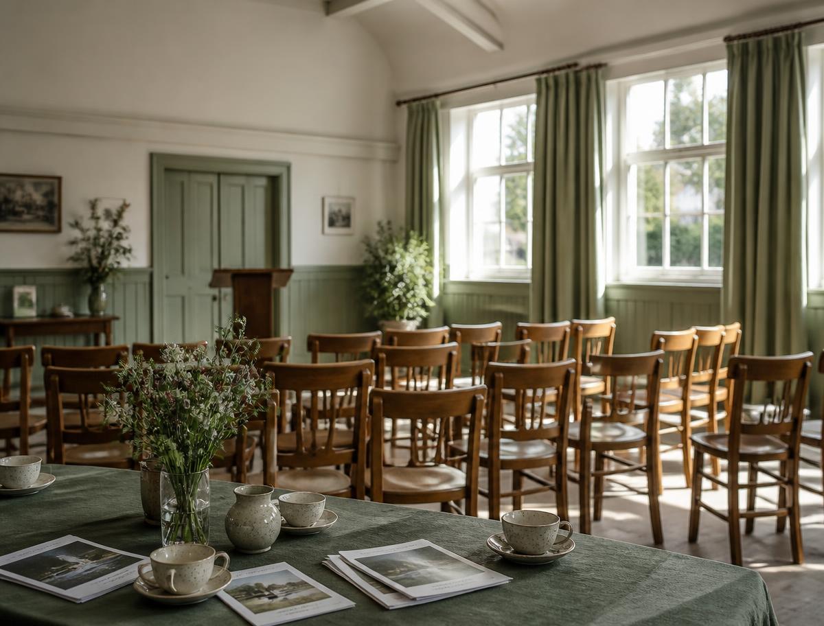 Rows of wooden chairs facing a lectern in a bright English village hall set up for a talk