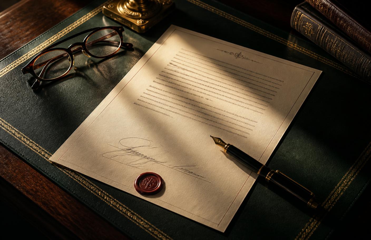 A signed will resting on a green leather desk blotter beside a fountain pen and reading glasses