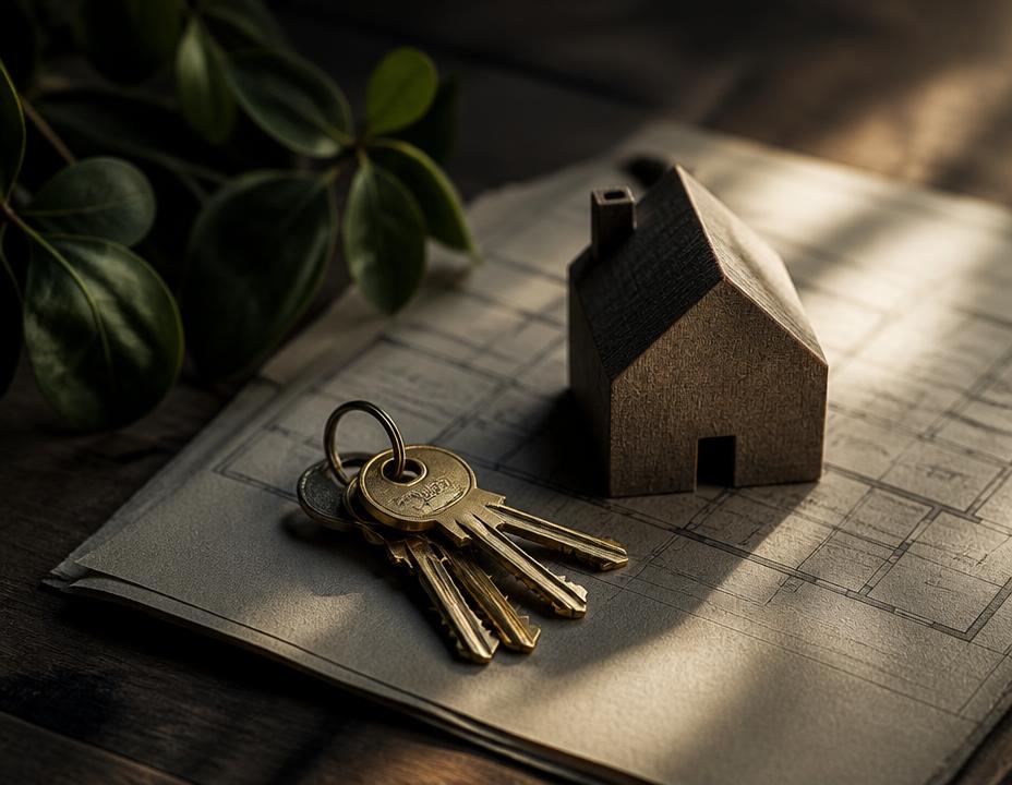Brass house keys and a small wooden model house resting on a folded plan